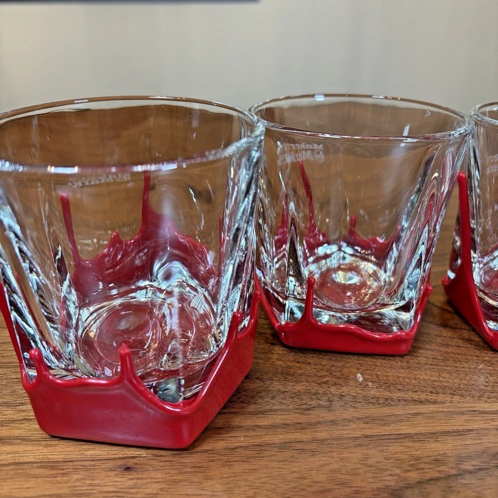 5 Maker's Mark Etched Dipped Red Wax Lowball Glasses Whiskey Barware